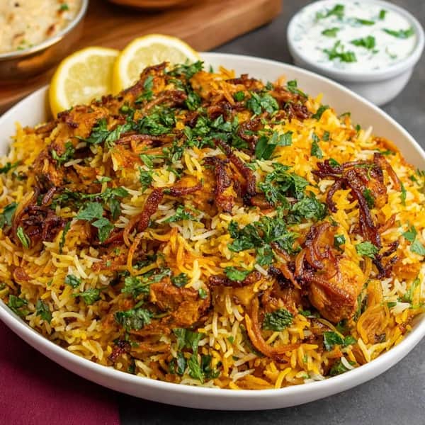 chicken biryani served